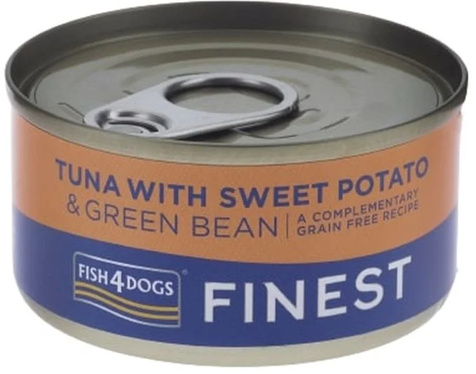 FISH4DOGS Finest Conservă câini, cu Ton, Cartofi dulci şi Fasole verde 85g