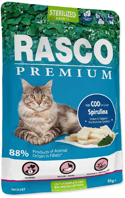 RASCO Premium Sterilized Plic pentru pisici adulte, Cod şi Spirulină 85g