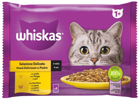 WHISKAS Mix plicuri pisici Adulte, cu Pui/Curcan în sos 4x85g